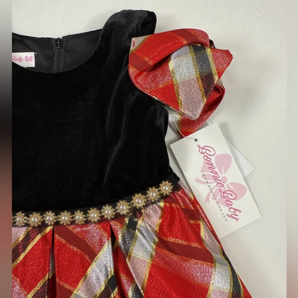 NWT BONNIE BABY Girl Red Plaid Velvet Holiday Dress Shoulder Bow Sleeves 24M NEW